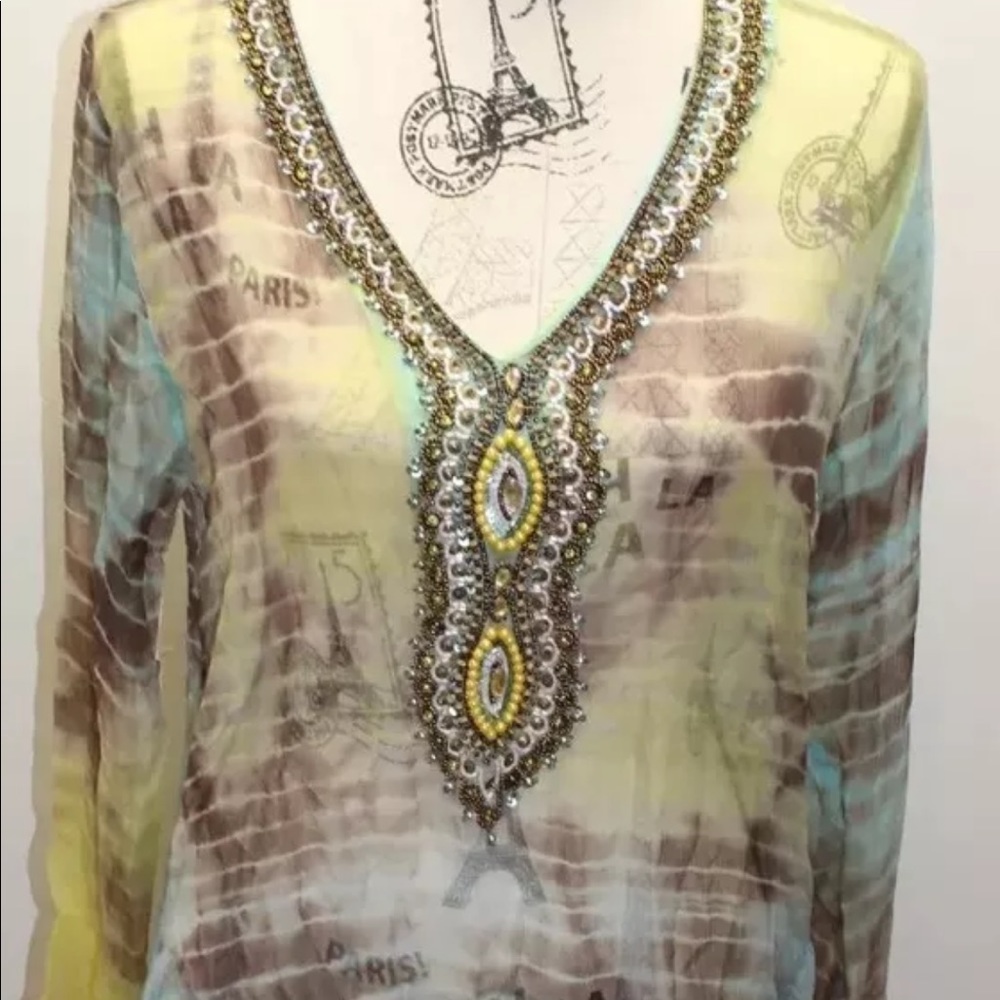 Bedo Of Canada Women Tunic Blouse Bikini Cover Up Beaded XS/S Summer Green Blue